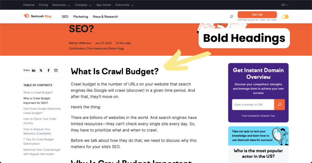 An example of SEO showing the Semrush blog with great readability, bold headings, and narrow container width.