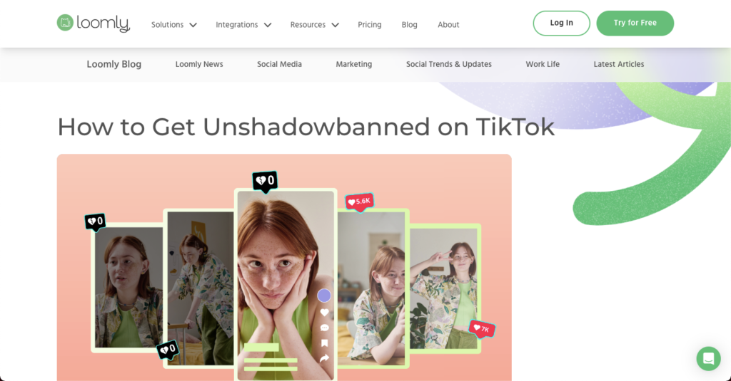 An example of good SEO with the Loomly blog about their topic "how to get unshadowbanned on tiktok".